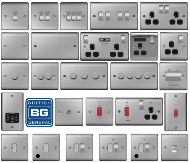 BG Nexus Brushed Steel Switches & Sockets Full Range Satin Chrome Black Inserts