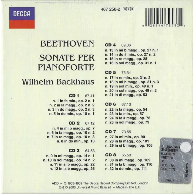 Beethoven, Wilhelm Backhaus CD Sonate Pour Piano / Decca – 4672582 Scellé 2