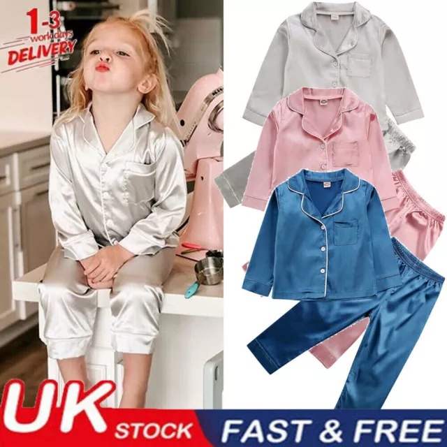 Baby Boy Girl Silk Satin Pyjamas PJS Set Kids Long Sleeve Sleepwear Nightwear