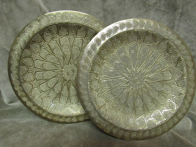 Vintage 1920's Hand Chased Heavy Solid Brass Smaller Plate Lot of 2 Arabic Motf