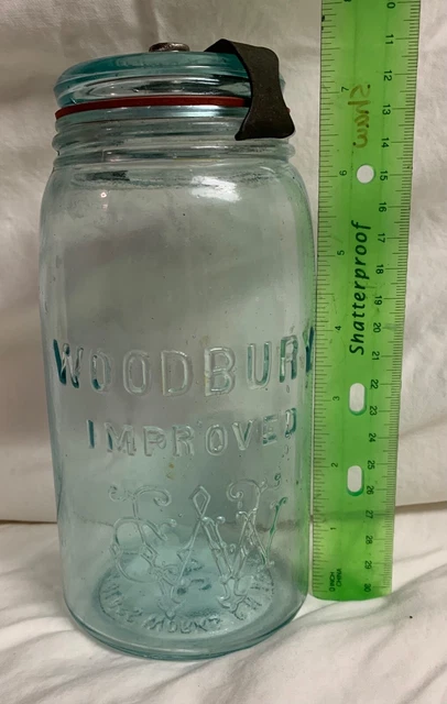 Quart size WOODBURY IMPROVED aqua canning jar WOODBURY GLASS WORKS WOODBURY, NJ
