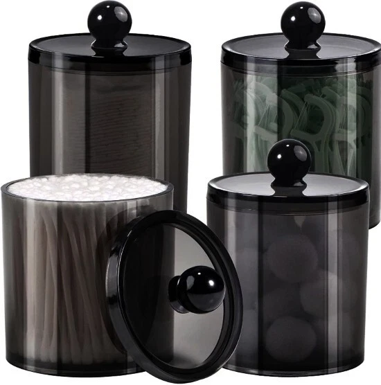 4Pack Plastic Acrylic Bathroom Canister Jars Storage Lid Balls Swabs Pads Bath