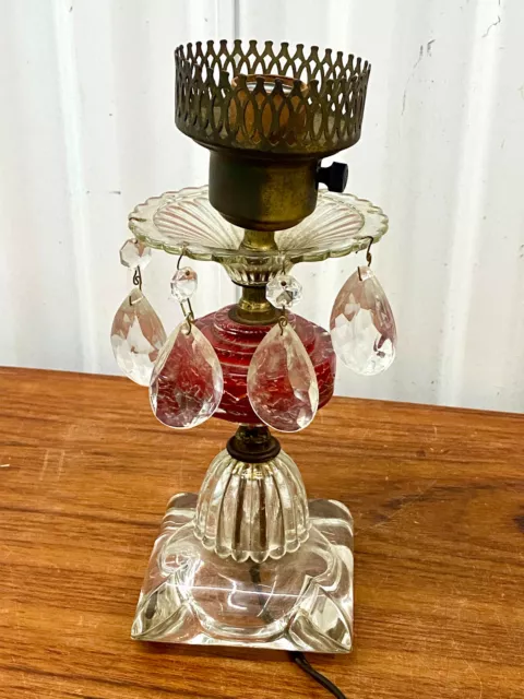 VTG Ruby Red Cut To Clear Glass & Brass 20 3/4 inch Table Lamp