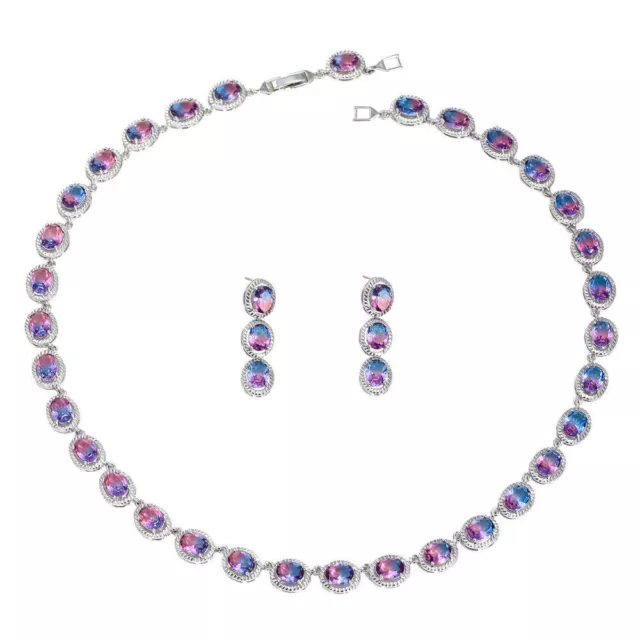 Rainbow Cubic Zircon Tennis Necklace and Earring Silver Plated Party Jewelry Set