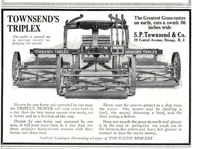 1917 Print Ad Townsend's Triplex Mower Drawn By One Horse Driven By One Man!