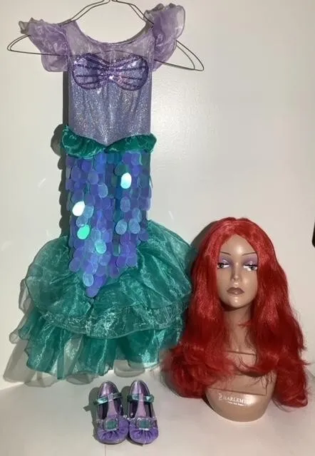 Ariel Little Mermaid Halloween Cosplay Costume Dress w/Scales, Wig, & Shoes 3 PC