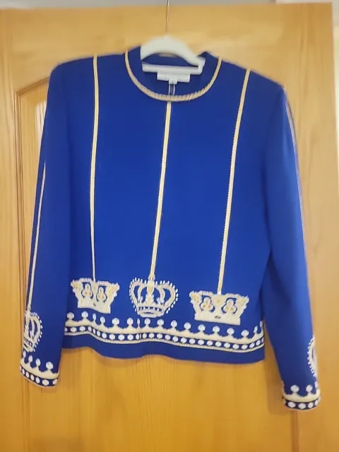 St. John Collection Blue Santana Knit Vintage Sweater Crowns Paillettes Large