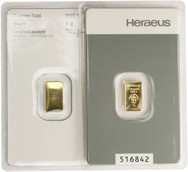 1 g Gramm Goldbarren HERAEUS Feingold 999.9 mit Zertifikat in Blister Neuware