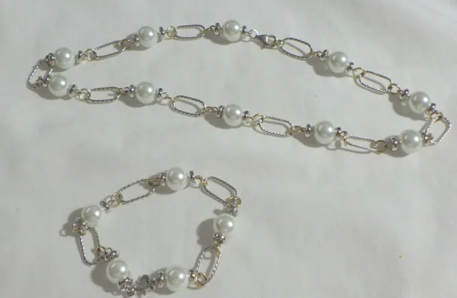 Sterling And Pearl Necklace & Bracelet Yellow Gold Rings Faux  10Mm Pearls