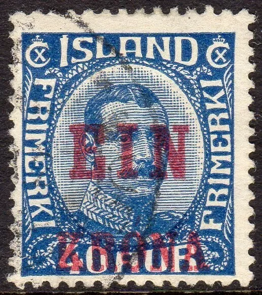 Iceland Scott # 150 VF Used 1926 EIN KRONA Overprint on 40a Christian X