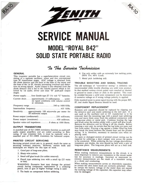 Original Zenith Service Manual For Royal B42 Radio