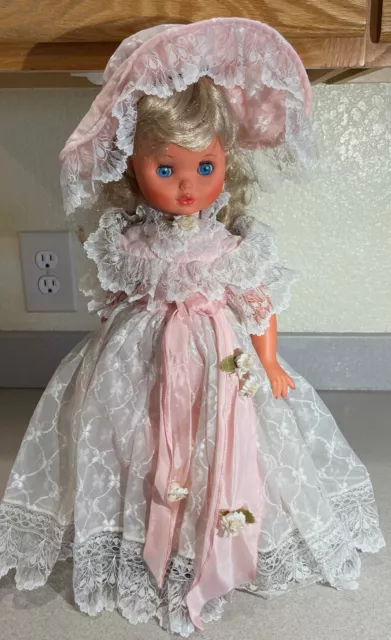 Vintage Italy Furga Doll  17" Tall with Lacy Pink Dress and Hat         JSB4
