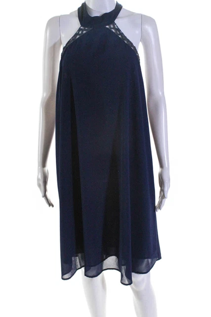 Elle Lauri Womens Woven Lace Halter A-Line Charlotte Dress Navy Blue Size L