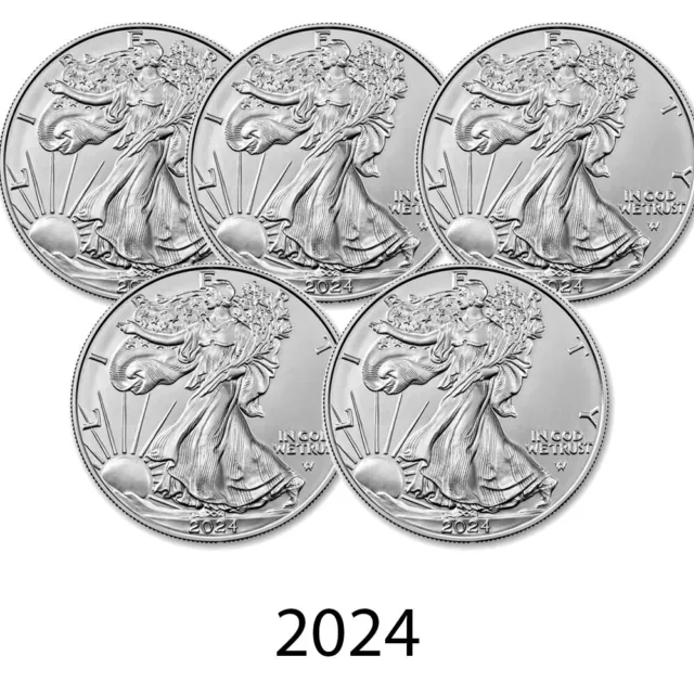(5pcs) 2024 American 1 oz .999 Fine Silver Eagle $1 Coin BU - In Stock