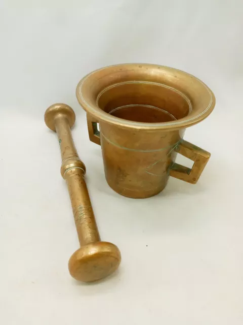 Antique Heavy Solid Brass Mortar And Pestle Large Pharmacy Apothecary