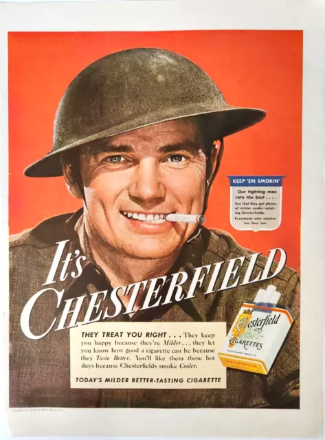 WWII Soldier Chesterfield Vintage 1941 Smoking Cigarette Ad Magazine Print 2