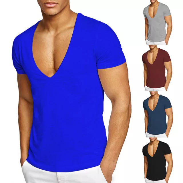 T-Shirt Da Uomo In Cotone A Maniche Corte Con Scollo A V Profondo E Maniche A