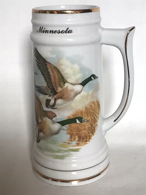 Minnesota Mug Cup Stein Mallard David Moss Glazed Ceramic 7.5" White Gold