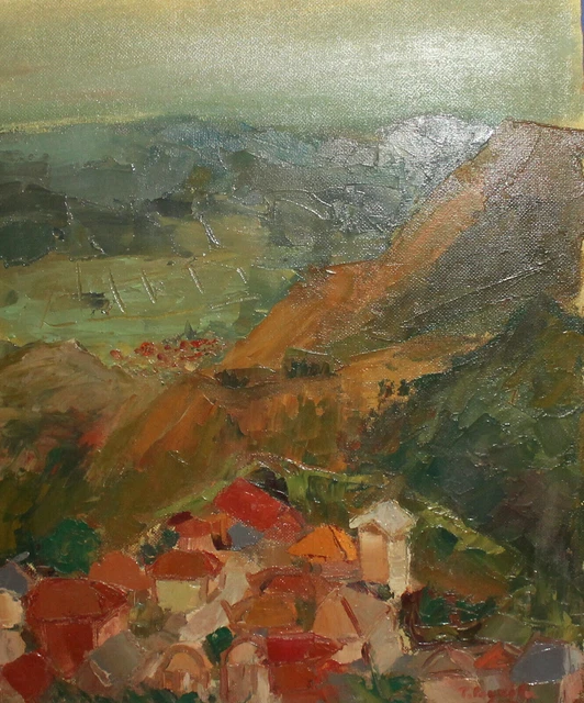 Peinture à l'huile expressionniste vintage paysage de village de montagne...