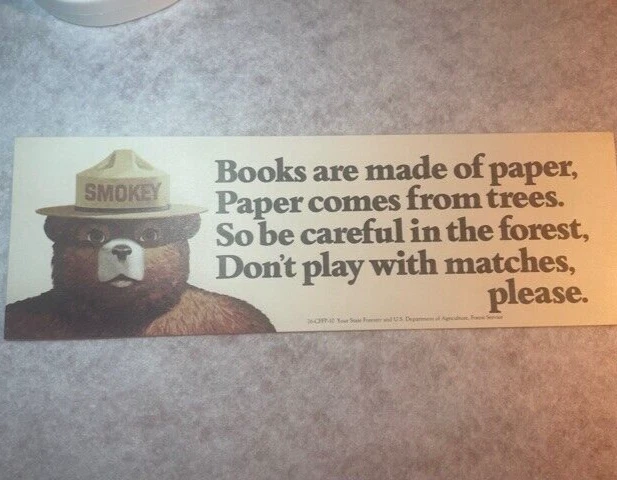 Smokey the Bear Bookmark Vintage 1976 State Forester Dept of Ag Fire Prevention