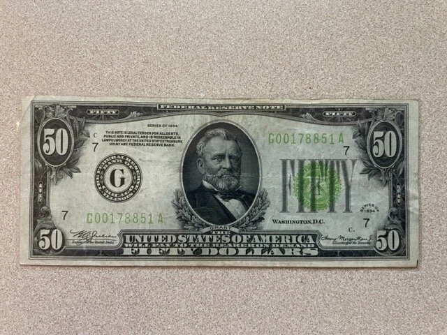 1934 Fifty Dollars Federal Reserve Note G08380777A Paper Bill $50 Circulated #15