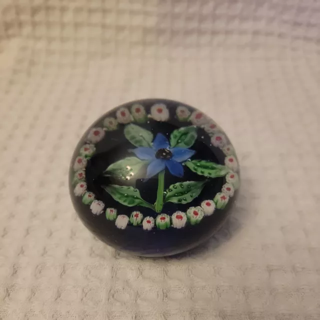 Gorgeous large vintage millefiori Murano art glass paperweight Blue Flower