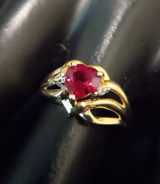 10k Yellow Gold Lab-Created Ruby & Diamond Heart Ring Size 6.5