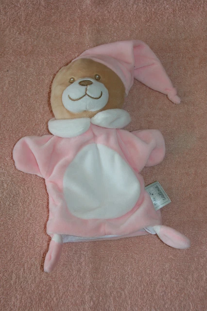 Mes Petits Cailloux Doudou Ours Plat Marionnette Blanc Rose Etat Neuf
