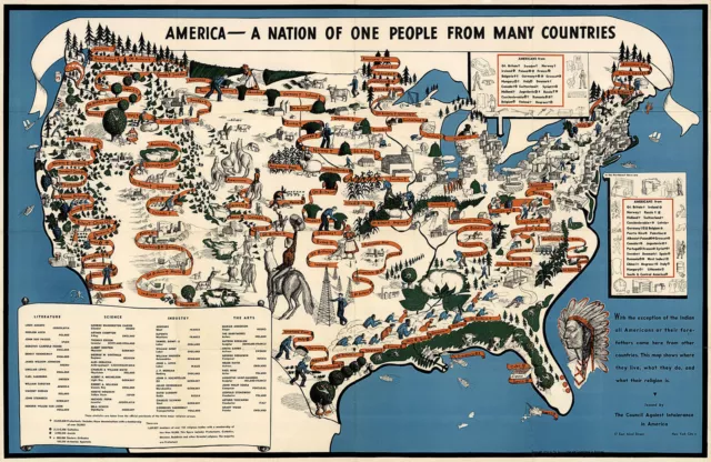 Pictorial Map of USA Ethnography Nationality America Wall Poster Vintage History