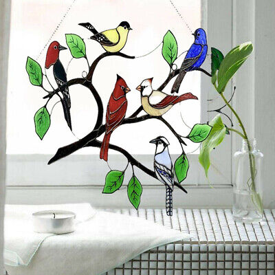 Stained Acrylic Glass Birds-On-Branch Panel Metal Window Hanging Decor Suncatche