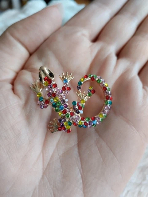Superbe Broche Lézard Vert émaillé Avec Strass Dorés - Bijou Fantaisie élégant Pour Femme