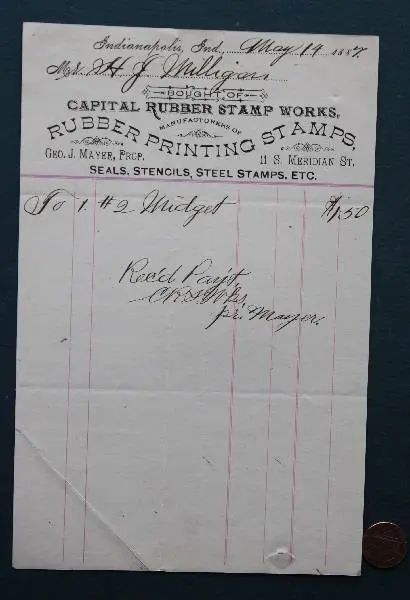 1887 Indianapolis Indiana Capital Rubber Stamp Works receipt Stencils Seals etc!