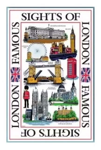 Sights of London White Tea Towel Souvenir Gift Landmarks Scenes UK Cotton GB