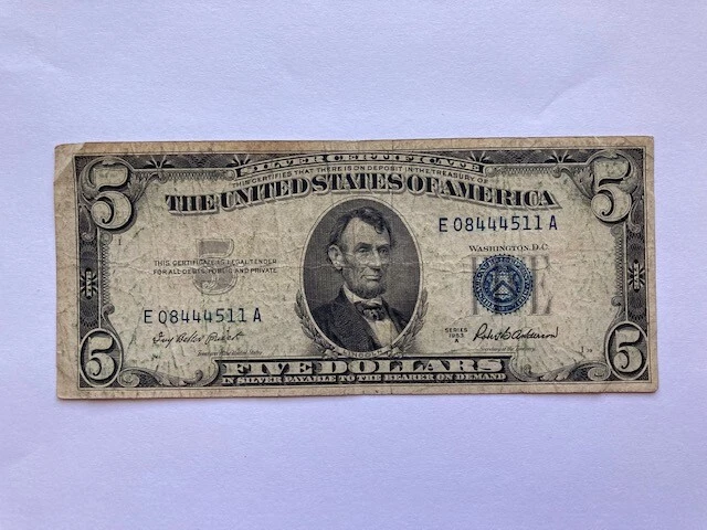(2) 1953A $5 US Bank Notes -1 Blue Seal Silver Cert & 1 Red Seal US NOTE - Circ