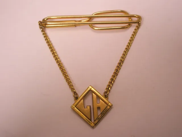 /LH Monogram Initials Letter Font Cuban Chain Vintage SWANK Pendant Tie Bar Clip