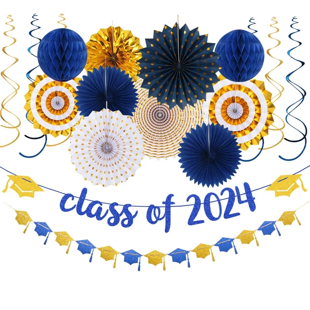 NAVY-BLUE GOLD PARTY-DECORATIONS Graduation Banner-Streamers - 18pcs