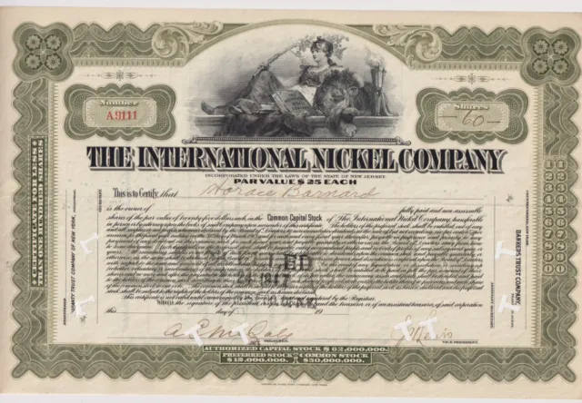 International Nickel Company of Canada, Limited Stock Certificate Lion