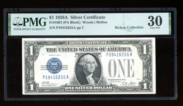 DBR 1928-A $1 Silver Funnyback Fr. 1601 PA Block PMG 30 Serial P19416255A