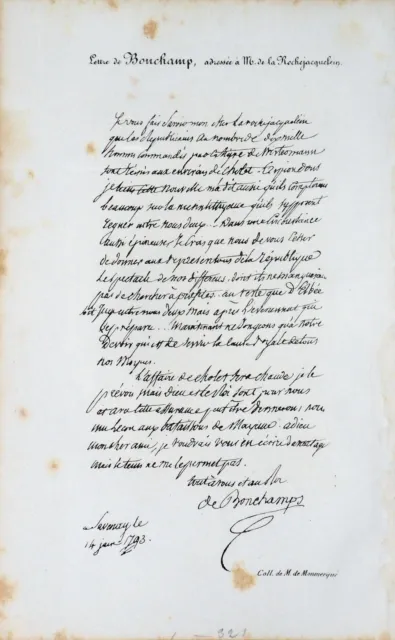 RARE LETTRE de BONCHAMP à La ROCHEJACQUELEIN (1793) -Gravure (fac-simile) du 19e