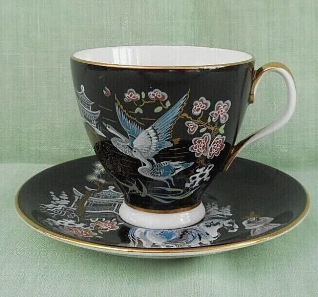 Royal Albert Oriental Black bone china coffee cup & saucer - man, horses, birds