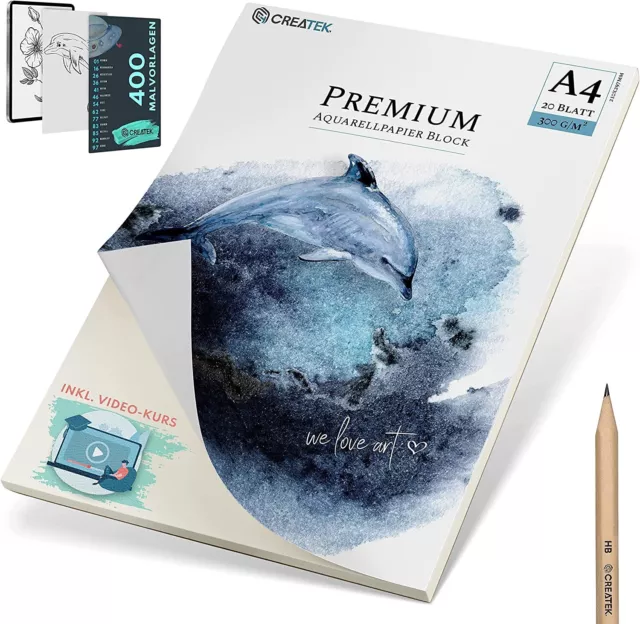 Aquarellpapier 300g A4 naturweiß inkl viel Zubehör - 20 Blatt rundum geleimt