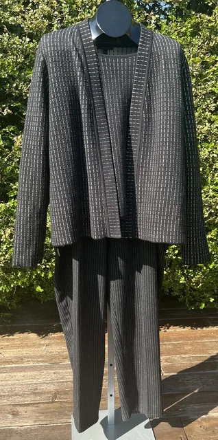 Eileen Fisher 3-Pc. Black/White Wool and Silk Blouse Cardigan Pant Suit Size XL