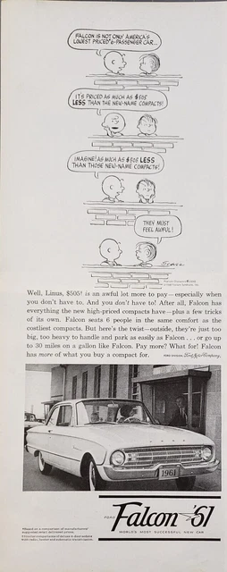 1960 Ford Falcon 1961 Seats 6 People Charlie Brown Linus Vintage Print Ad