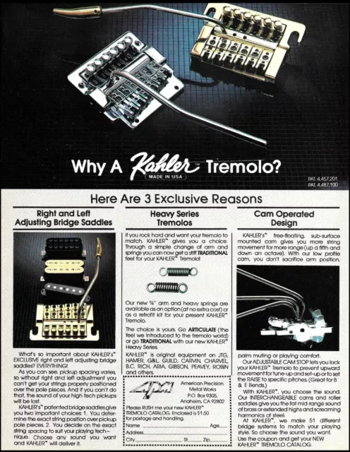 Kahler Traditional Series Tremolo 1985 advertisement 8 x 11 ad print