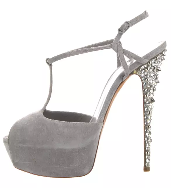 $750 CASADEI Crystal Embellishments T-Strap Gray Sandals Sz 8 Pumps Shoes Heels