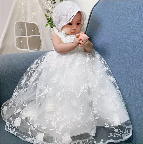 New Vintage Embroidered Baby Girls White Christening Gown Baptism Dress ZG