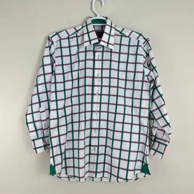 MACEOO Plaid Square Button Long Sleeve Cuff Casual Dress Shirt Men's 4 (L)