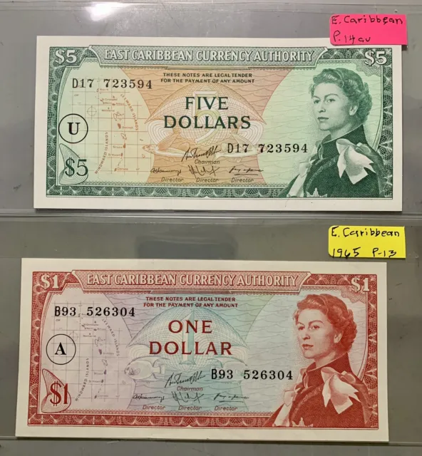East Caribbean 1965 $5 Pk14 & $1 Pk13 / Two Beautiful Gem Notes