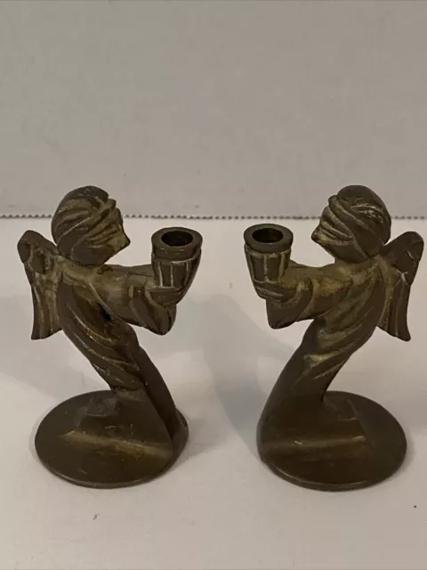 Vintage Pair Solid Brass Angel Taper Candle Stick Holder 3.5" Christmas Holiday