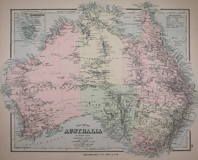 Authentic 1878 O.W. Gray Atlas Map ~ AUSTRALIA ~ FreeS&H   Inv#169